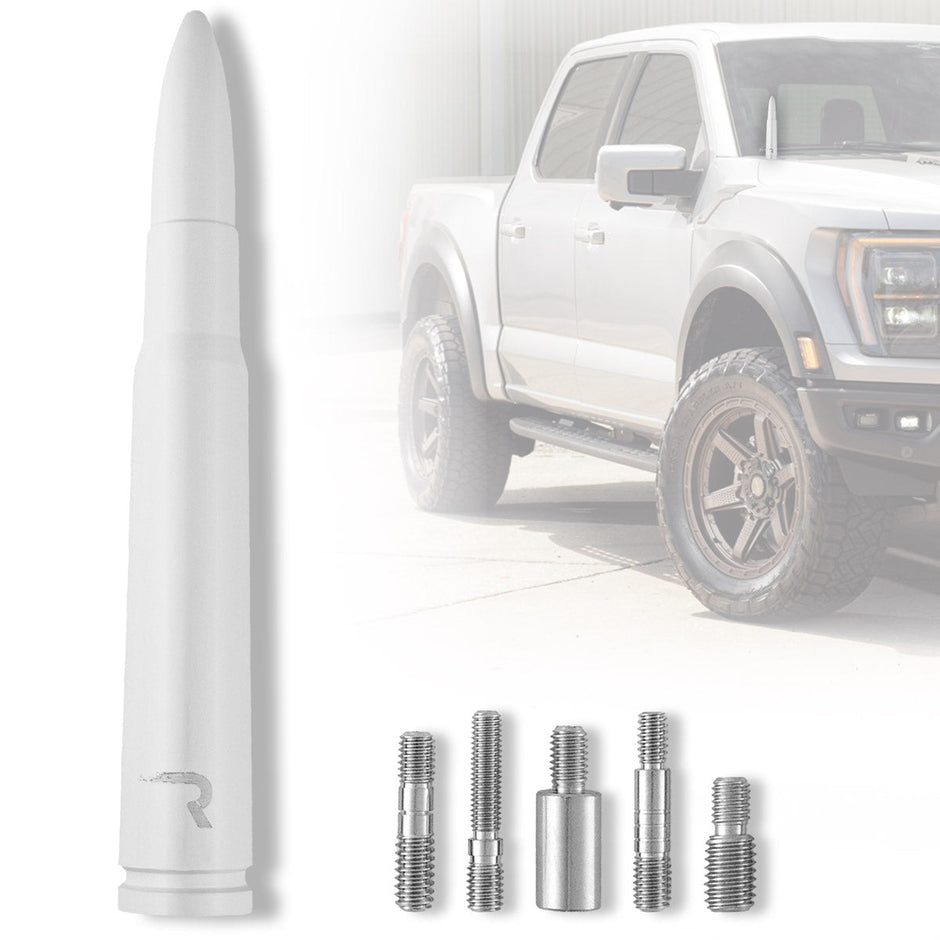 .50 Cal Bullet Shaped Aluminum 5" Antenna - Universal Fitment Fits All Makes & Models w/ OEM Factory Threaded Antenna - WHITE