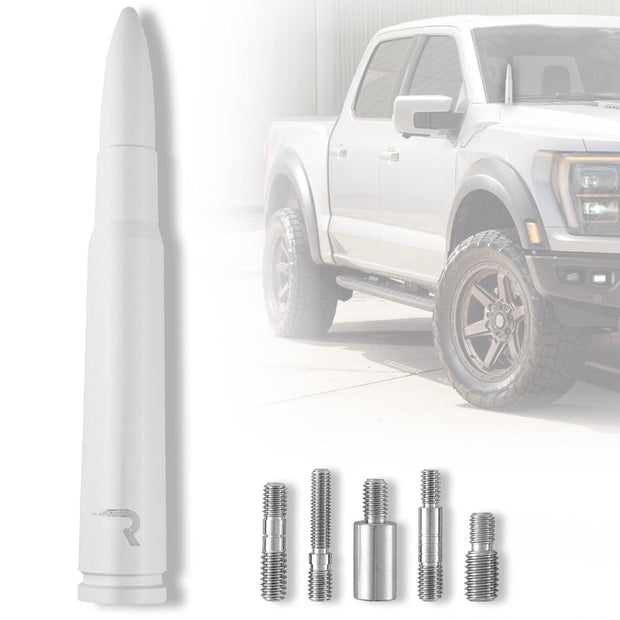 .50 Cal Bullet Shaped Aluminum 5" Antenna - Universal Fitment Fits All Makes & Models w/ OEM Factory Threaded Antenna - WHITE