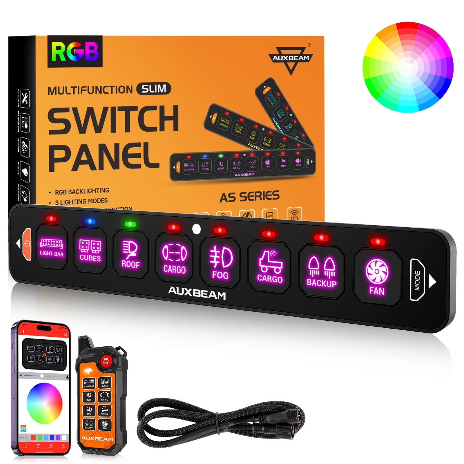 AS-800 RGB Slim Switch Panel with APP&Remote Control, Toggle/ Momentary/ Pulsed Mode Supported(One-Sided Outlet)