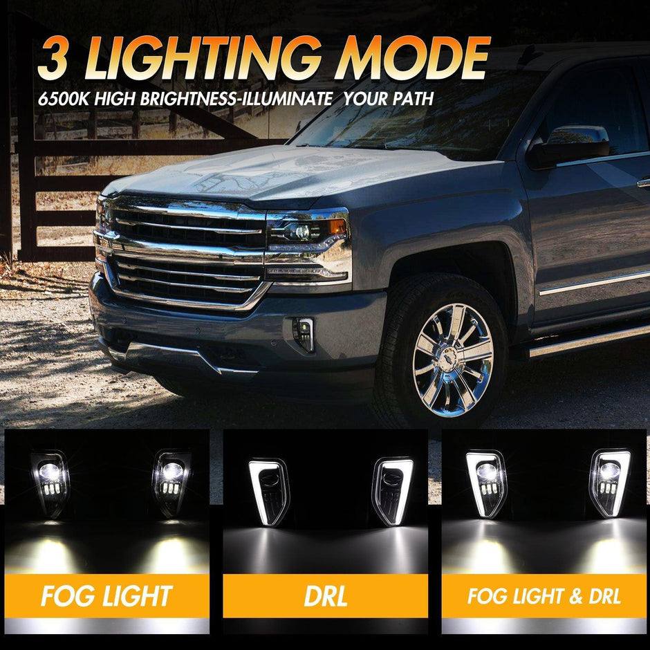 (2pcs/set) 45W DOT Approved LED Fog Lights with DRL for 2016-2018 Chevy Silverado 1500 (Chrome)