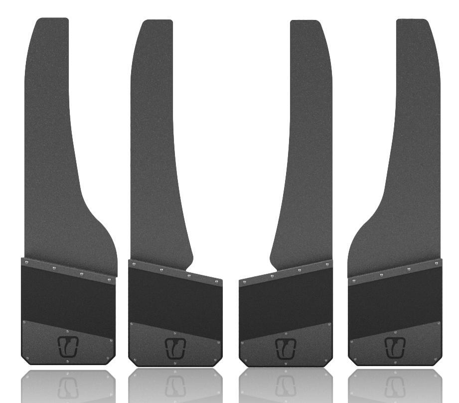 Four black car mud flaps on a white background