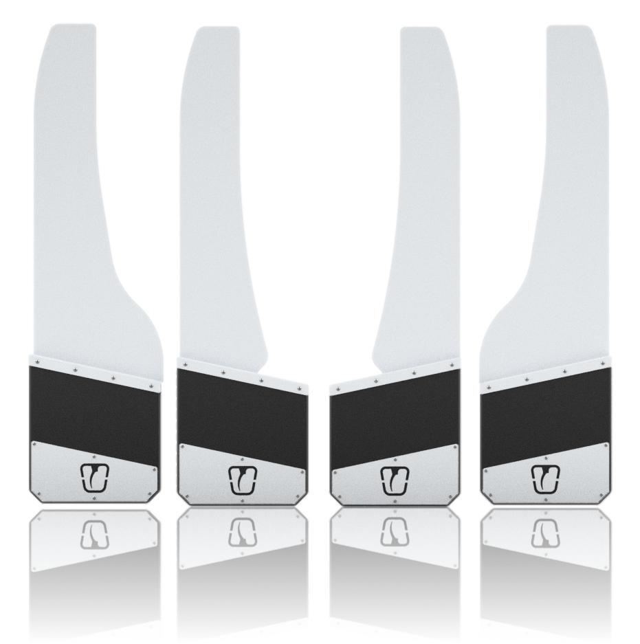 Four white and black car mud flaps with a brand logo on a white background
