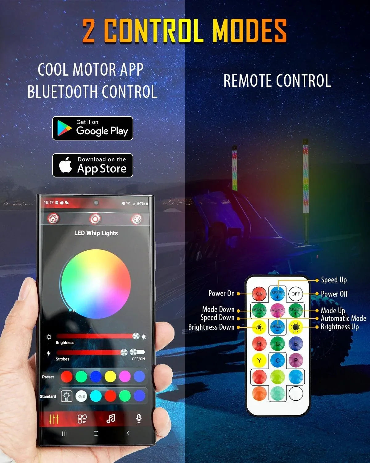 2.2 FT New LED RGB Whip Lights with Turn Signal & Brake Light, Bluetooth APP/ Remote Control