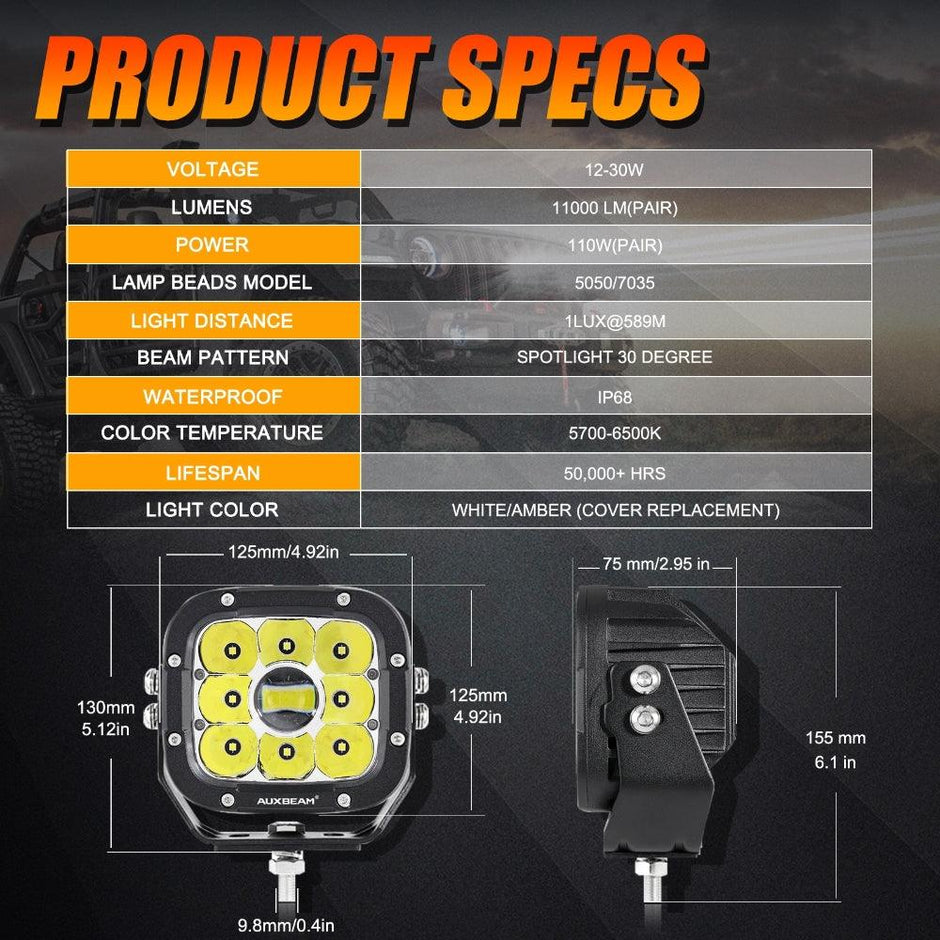 5 Inch 110W White/Amber LED Driving Lights Pods Light with A-Pillar Mounting Bracket For Ford Bronco 2/4 Door 2021 2022
