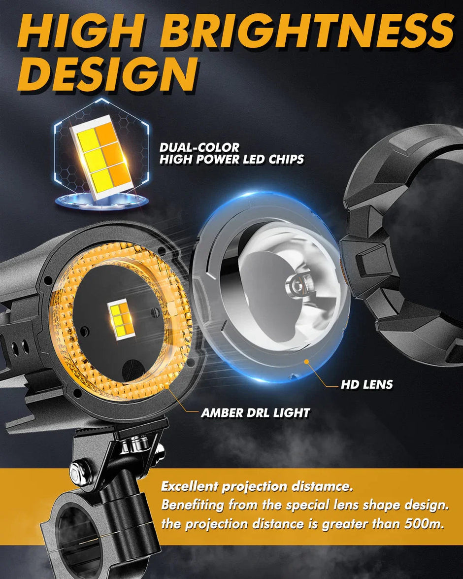 (2pcs/set)3 Inch Motorcycle LED Spotlight Bi-LED Projector Lens Headlight 120W Dual Color Switchback LED Work Light 3+5 Light Modes for Motorcycle SUV ATV Trucks(MT8S)
