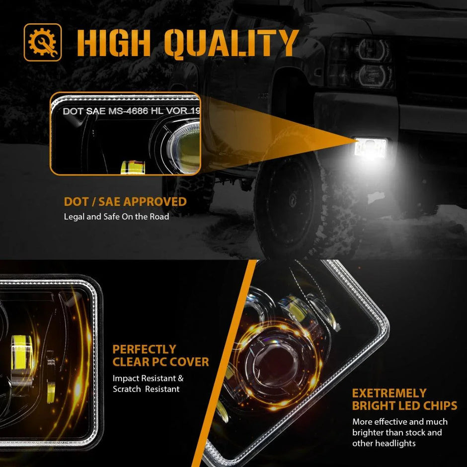 (4pcs/set) 4X6 Inch 55W Rectangular Hi-Lo Beam LED Headlight (H4 Plug)