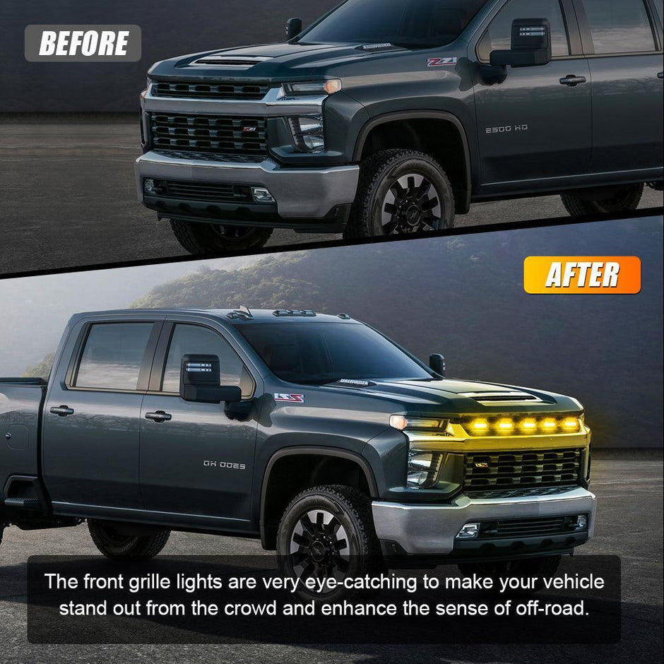 (5pcs/set) LED Front Grille Lights Raptor Style Amber Light Fit for Chevrolet Silverado 2500HD 2020-2021