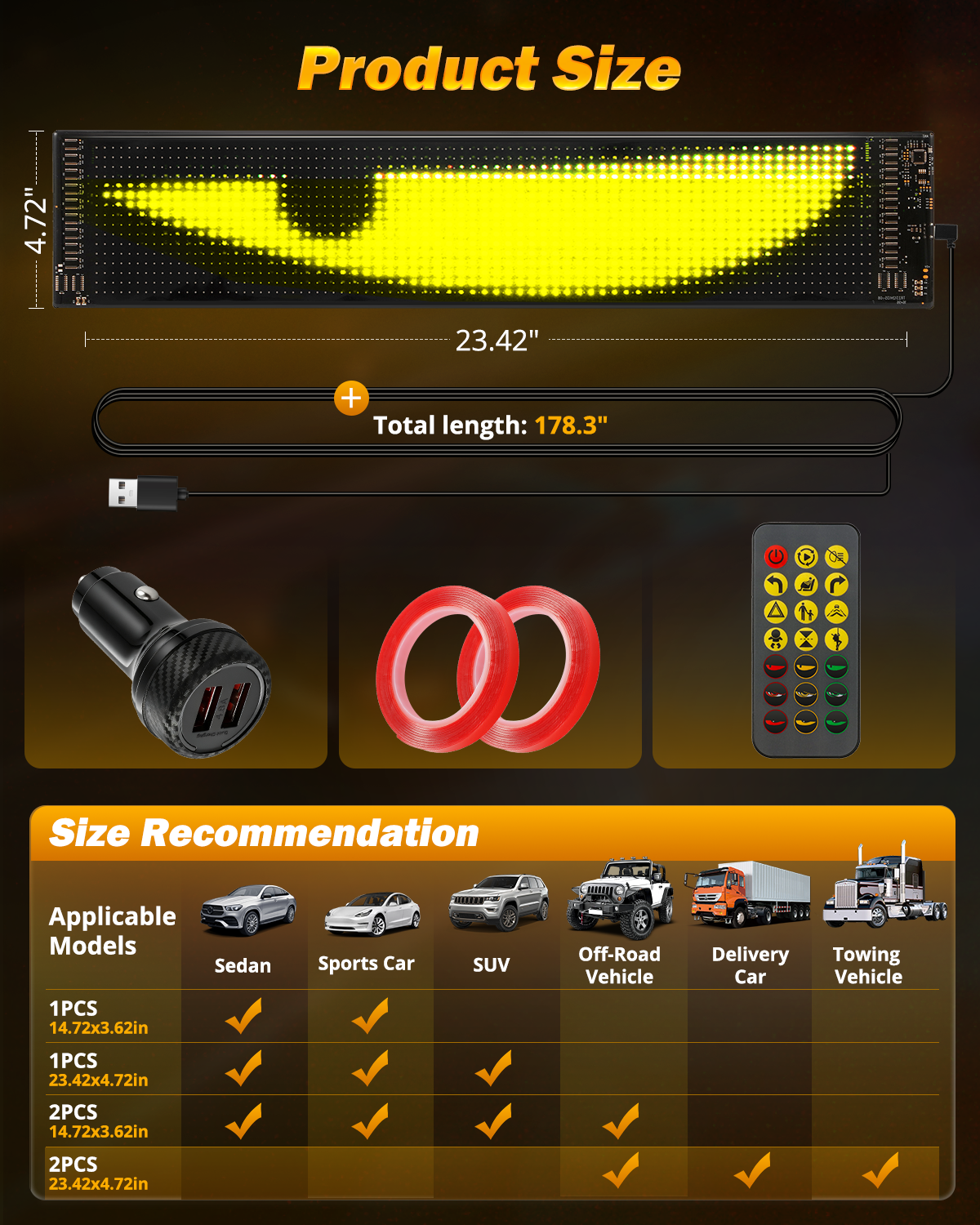 Two-Pack Devil's Eye Atmosphere Light Flexible Programmable USB APP Control Car LED Screen 23.42x4.72in for Windshield Decoration