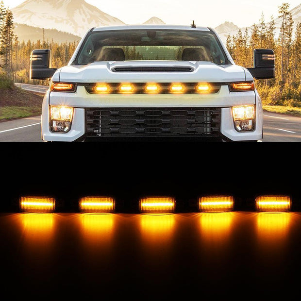 (5pcs/set) LED Front Grille Lights Raptor Style Amber Light Fit for Chevrolet Silverado 2500HD 2020-2021