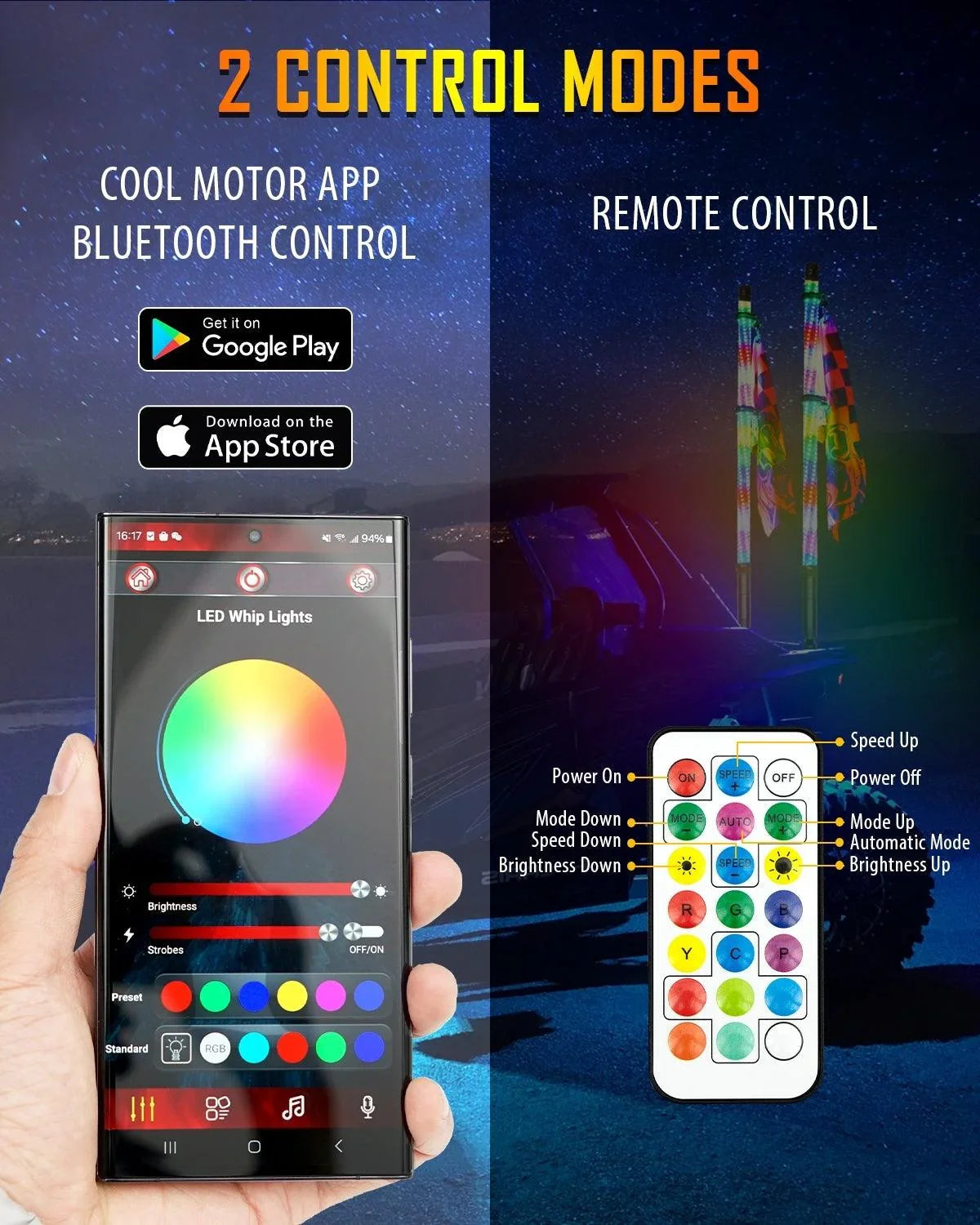 2.8 FT New LED RGB Whip Lights with Turn Signal & Brake Light, Bluetooth APP/ Remote Control
