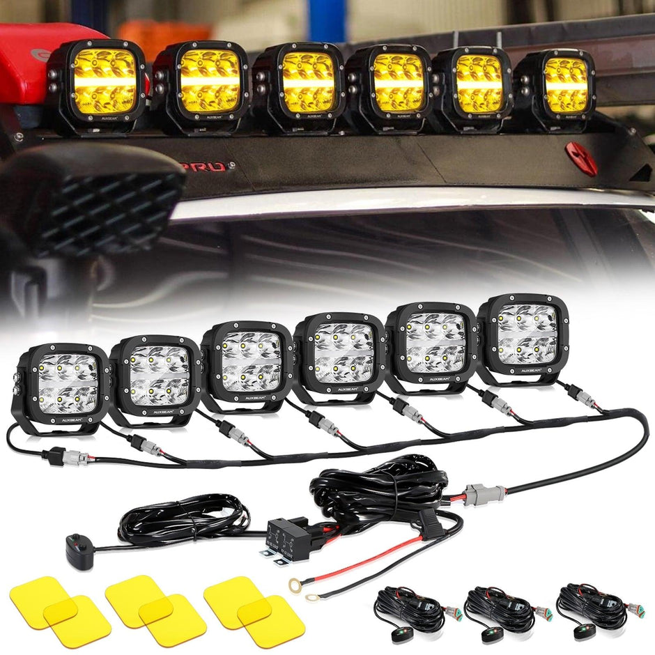 6/8Pcs 5 Inch 132W Amber DRL LED Pod Lights with Power Harness