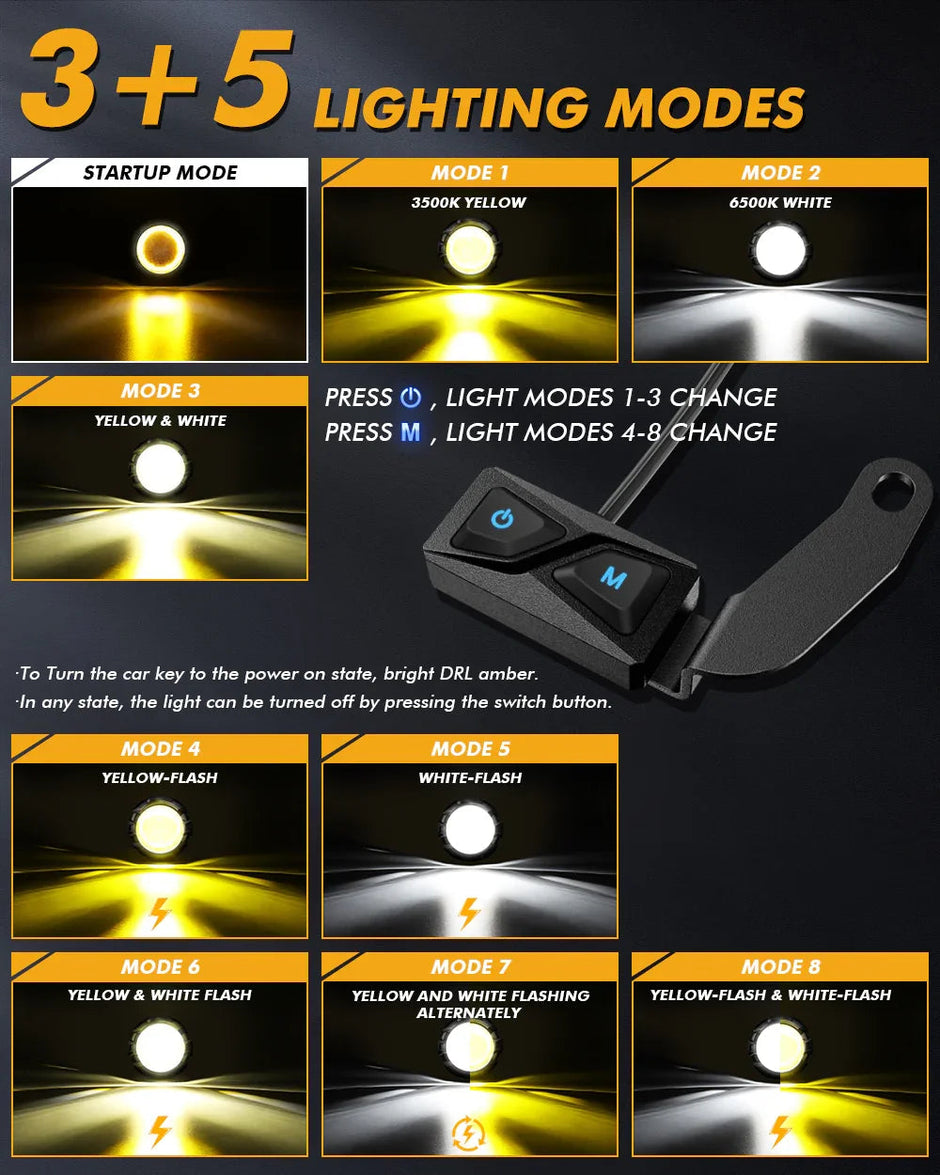 (2pcs/set)3 Inch Motorcycle LED Spotlight Bi-LED Projector Lens Headlight 120W Dual Color Switchback LED Work Light 3+5 Light Modes for Motorcycle SUV ATV Trucks(MT8S)