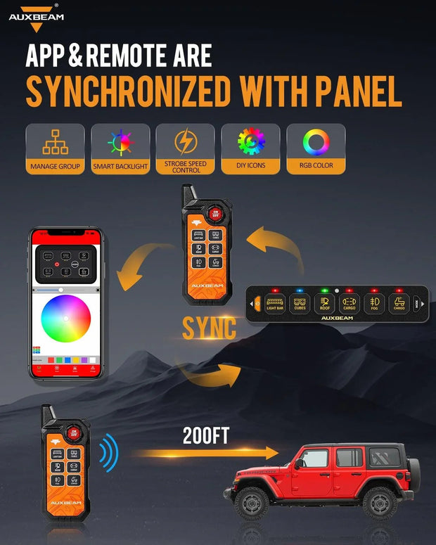 AS Series 6 Gang (AS-600) RGB Slim Switch Panel with APP&Remote Control, Toggle/ Momentary/ Pulsed Mode Supported(One-Sided Outlet)