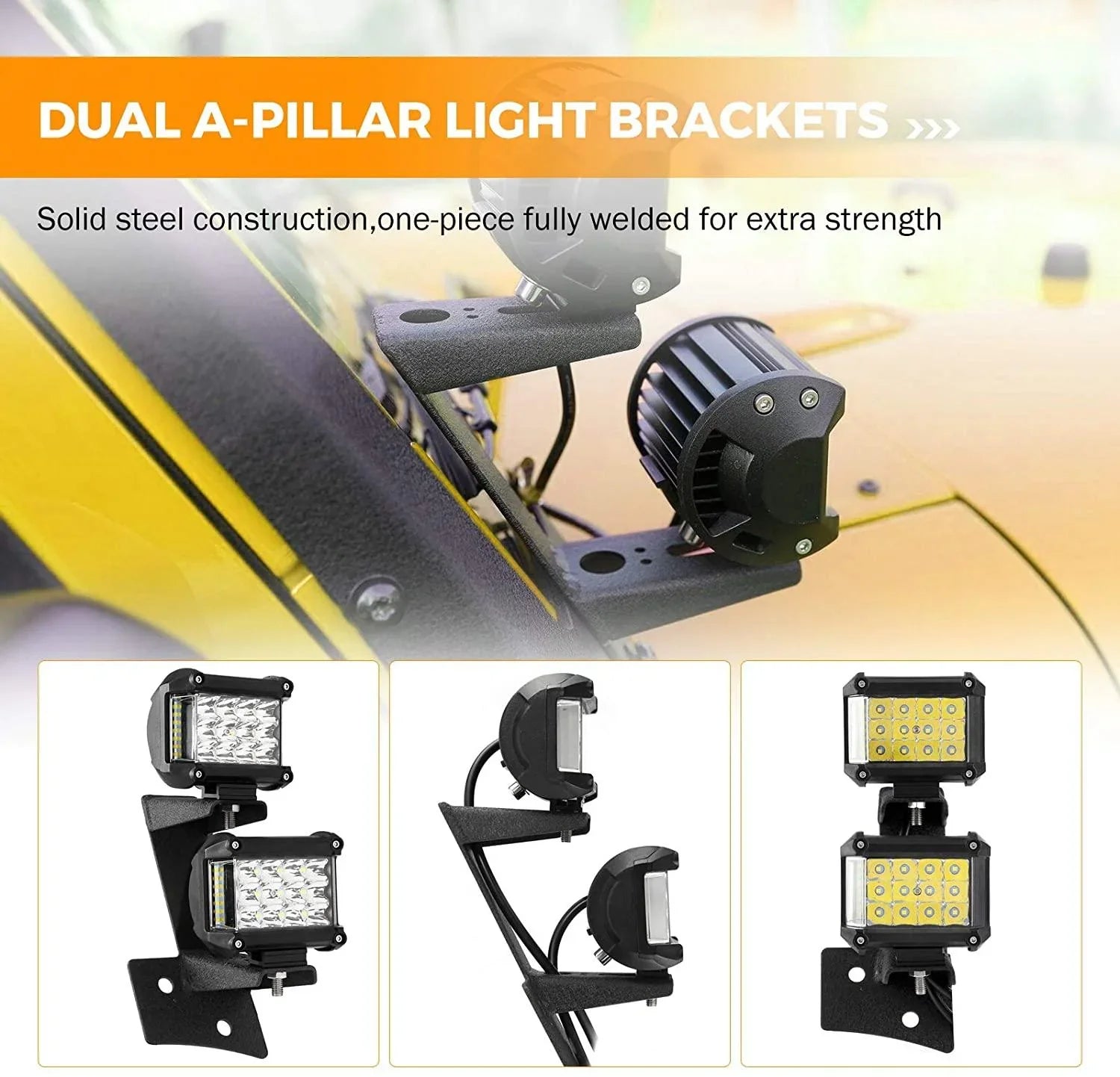 2PCS BLACK DUAL A-PILLAR LIGHT LOWER WINDSHIELD HINGE MOUNTING BRACKETS LED POD LIGHT FOR 2007-2017 JEEP WRANGLER JK