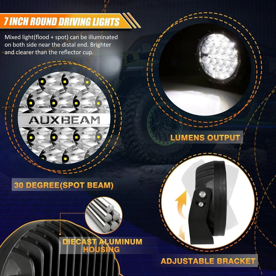 (2pcs/set) 7 Inch 240W Round Offroad LED Driving Lights with DRL+Amber/Black Covers(Optional) for SUV ATV UTV Trucks Pickup Boat