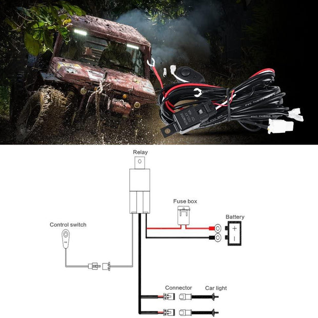 (2 Lead) LED Light Bar Wiring Harness Kit with Fuse Relay ON/Off Switch for LED Off-Road Driving Work Light