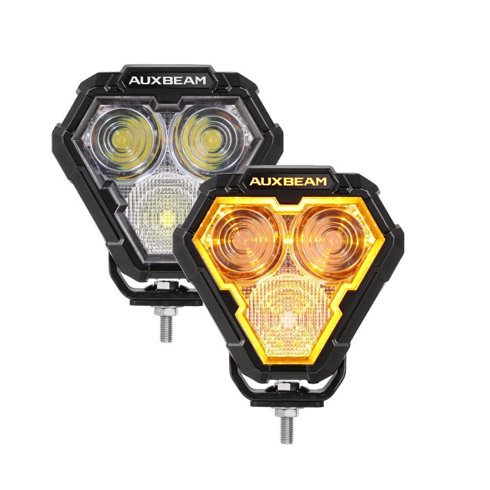 5 Inch Triangle White Combo LED Pod Lights TIR Lens Side Shooter with Amber Dynamic DRL Ring with Wiring Harness 2 Lead
