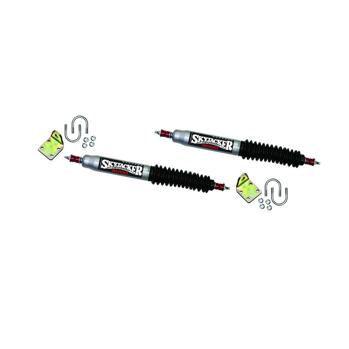 Steering Stabilizer Dual Kit w/OEM Location Silver w/Black Boots Skyjacker