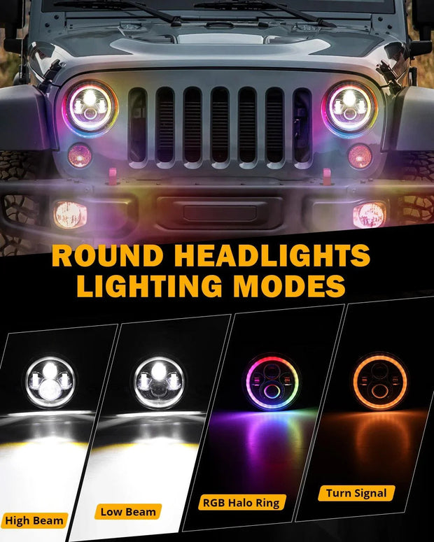 RGB 7" Headlight + 4" Fog Light Combo for Jeep Wrangler JK TJ LJ CJ 1997-2018, Bluetooth Multi-color