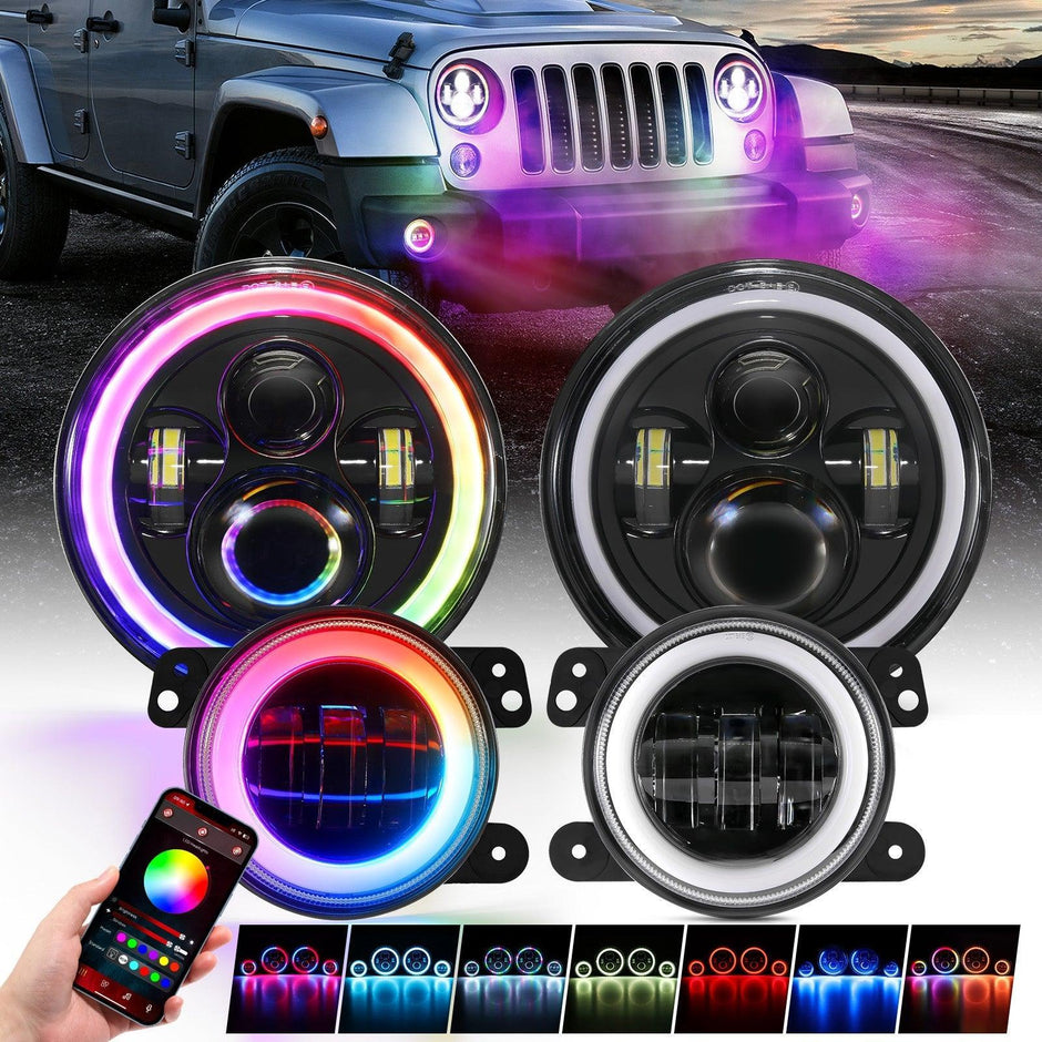 RGB 7" Headlight + 4" Fog Light Combo for Jeep Wrangler JK TJ LJ CJ 1997-2018, Bluetooth Multi-color