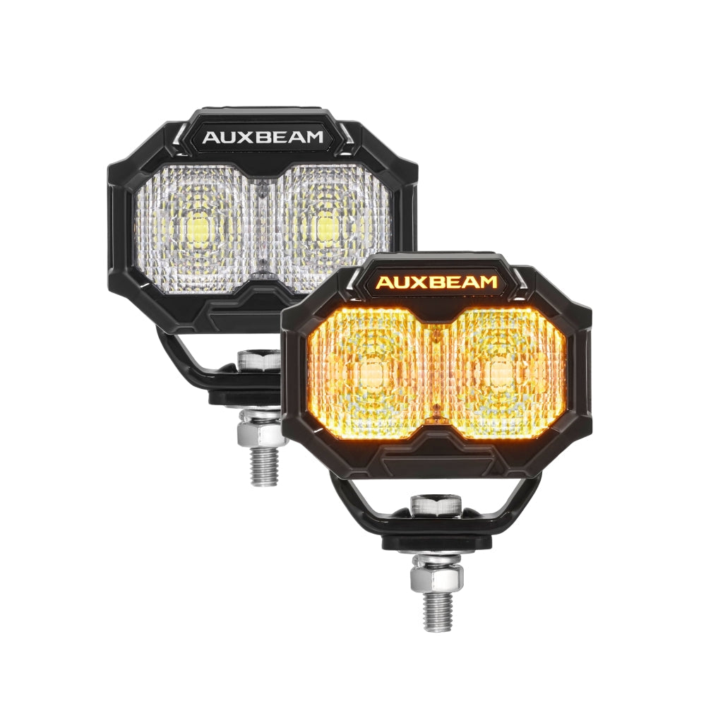 3 Inch Rectangle White Flood LED Pod Lights TIR Lens Side Shooter with Amber DRL Ring with Wiring Harness 2 Lead