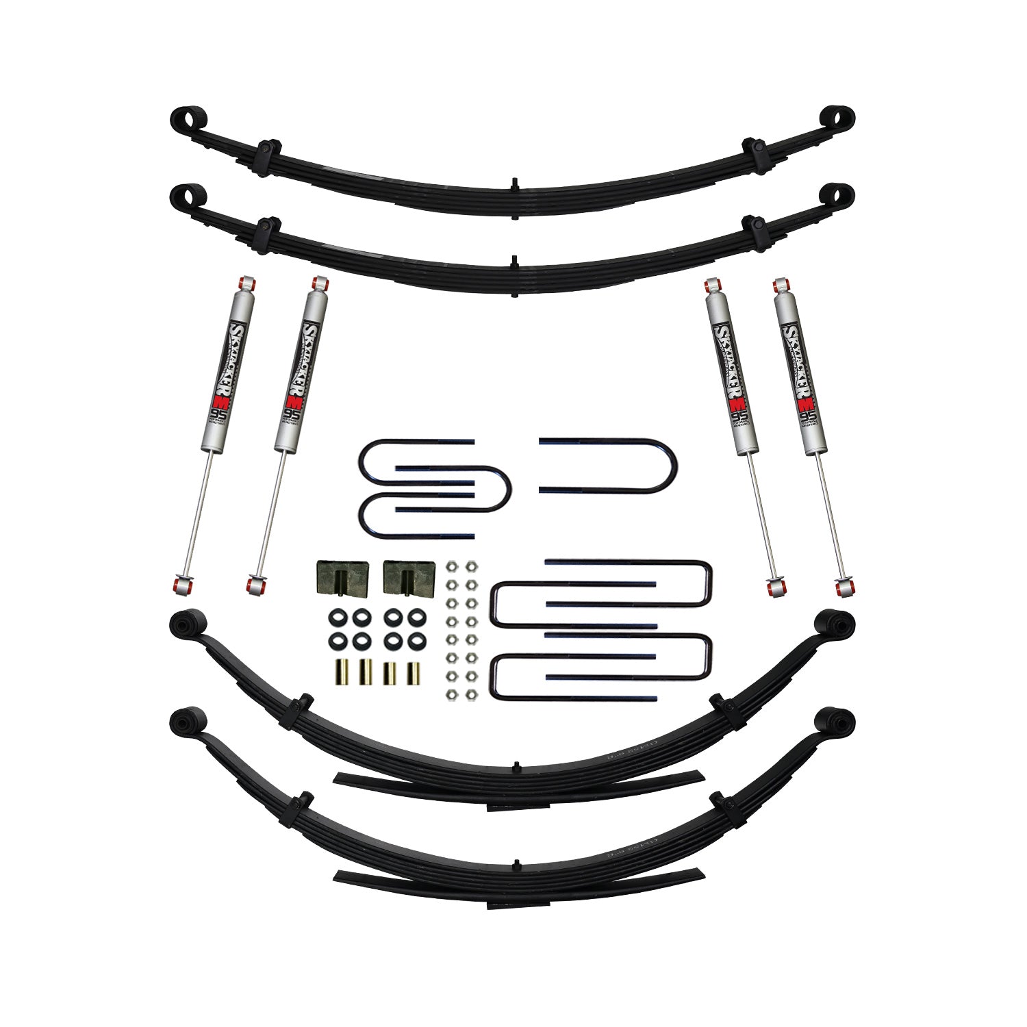 Suspension Lift Kit w/Shock M95 Performance Shocks 4 Inch Lift Incl. Front/Rear Leaf Springs Front/Rear U Bolt Kits Bushing Kit Skyjacker