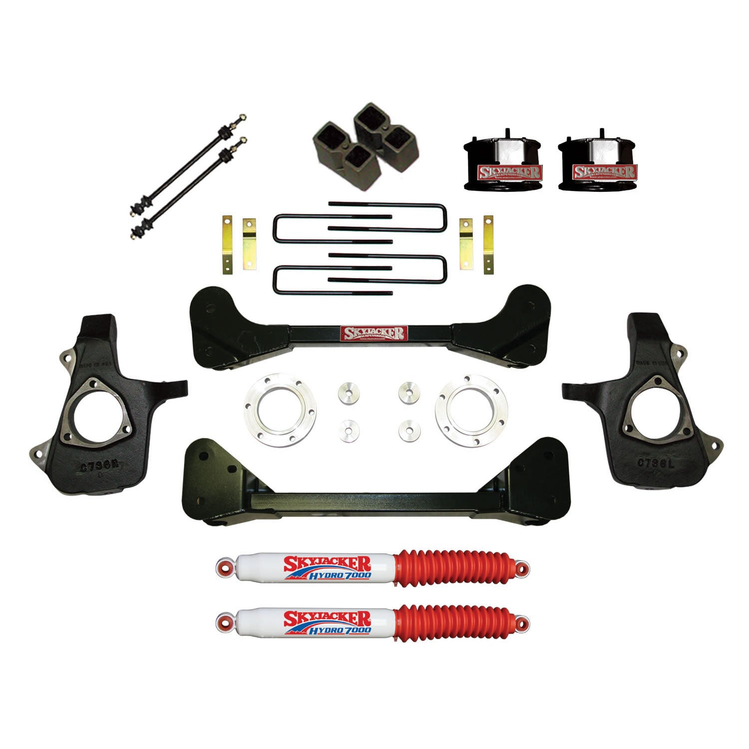 Suspension Lift Kit w/Shock 4 Inch Lift 07-13 Silverado/Sierra 1500 07 GMC Sierra 1500 Classic Incl. Knuckles Crossmembers Front Spacer Block UBolt Skyjacker