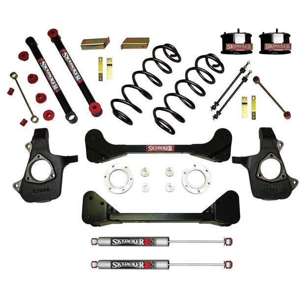 Suspension Lift Kit w/Shock M95 Performance Shocks 4 Inch Lift 07-13 Chevrolet Tahoe 07-13 Chevrolet Avalanche 07-13 Suburban/Yukon XL 1500 Incl. Knuckles Crossmembers Front Spacer Block UBolt Skyjacker