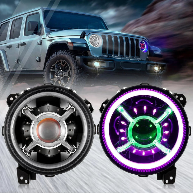 (2pcs/set) 9 inch RGB Headlights Replacement Bluetooth control for Jeep Wrangler JL JLU Sport Rubicon Sahara Gladiator JT 2019 2020 w/ DRL Angle Adjustable