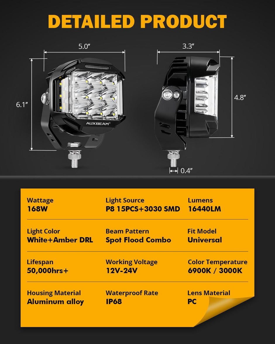 V-MAX Series Combo Beam Side Shooter LED Pod Lights with Amber DRL