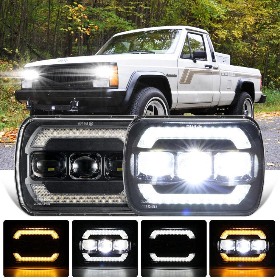 (2PCS/SET) 7X6 INCH SEALED BEAM LED HEADLIGHTS WITH HI-LO BEAM YELLOW TURN SIGNAL WHITE DRL LAMPS