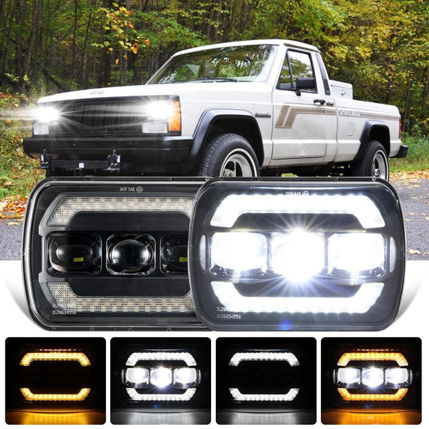 (2PCS/SET) 7X6 INCH SEALED BEAM LED HEADLIGHTS WITH HI-LO BEAM YELLOW TURN SIGNAL WHITE DRL LAMPS