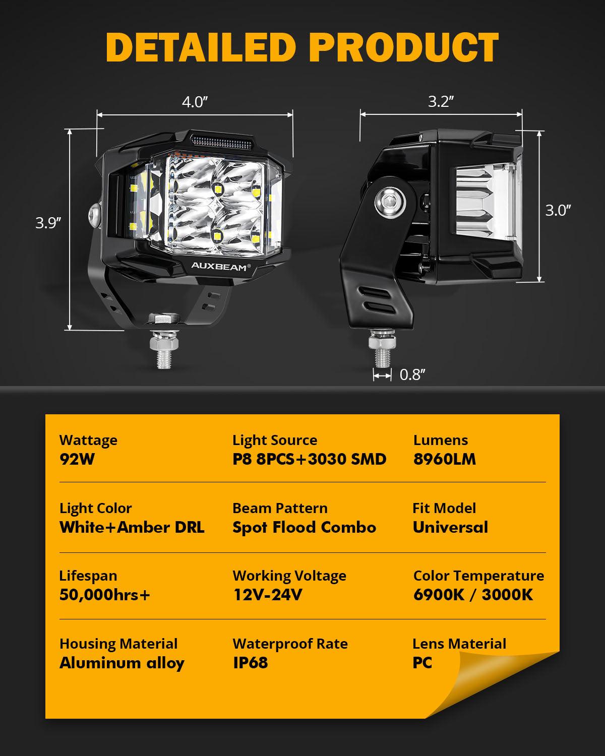 V-MAX Series Combo Beam Side Shooter LED Pod Lights with Amber DRL