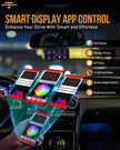 Car interior showing smart app control for LED lighting, RGB modes, and brightness options.