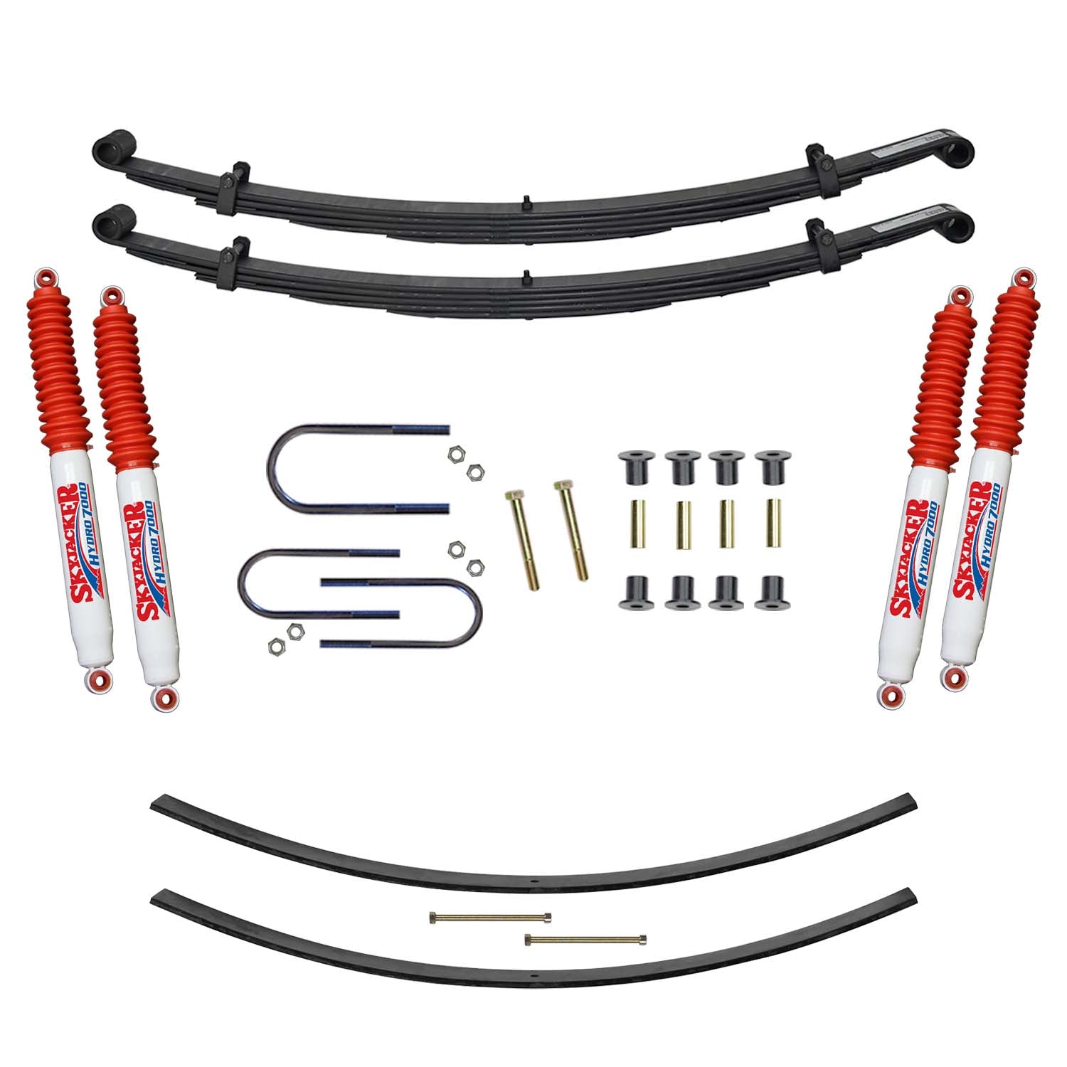 Suspension Lift Kit w/Shock 2.5 Inch Front/2 Inch Rear Lift Incl. Front Leaf Springs Front U Bolt Kit Front Bushing Kit Rear Add-A-Leafs Skyjacker