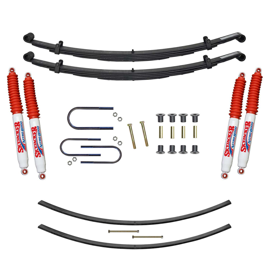 Suspension Lift Kit w/Shock Nitro Shocks 2.5 Inch Front/2 Inch Rear Lift Incl. Front Leaf Springs Front U Bolt Kit Front Bushing Kit Rear Add-A-Leafs Skyjacker