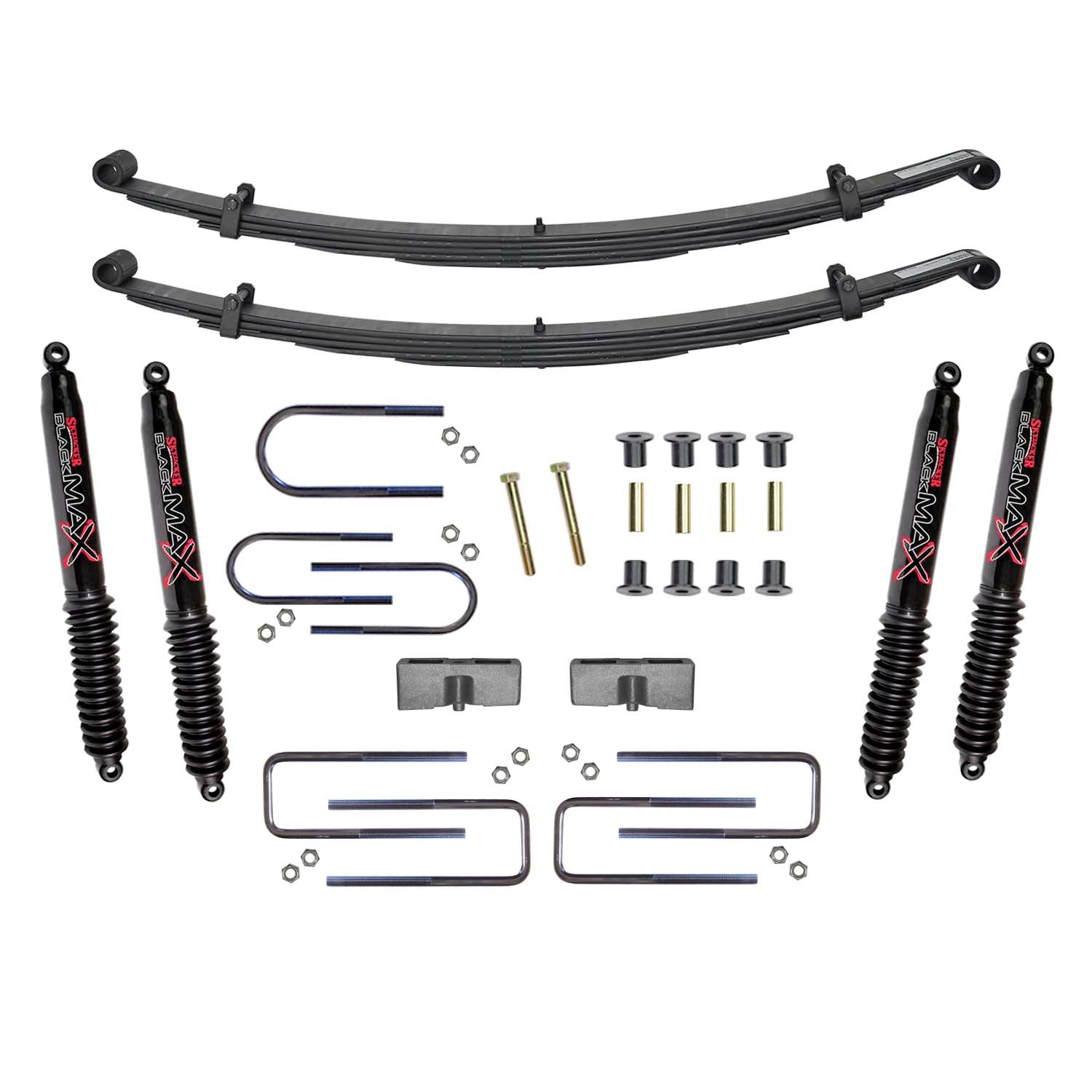 Suspension Lift Kit w/Shock Black MAX Shocks 2.5 Inch Front/2 Inch Rear Lift Incl. Front Leaf Springs Front U Bolt Kit Front Bushing Kit Skyjacker