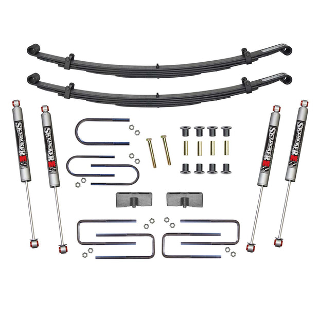 Suspension Lift Kit w/Shock M95 Performance Shocks 2.5 Inch Front/2 Inch Rear Lift Incl. Front Leaf Springs Front U Bolt Kit Front Bushing Kit Skyjacker