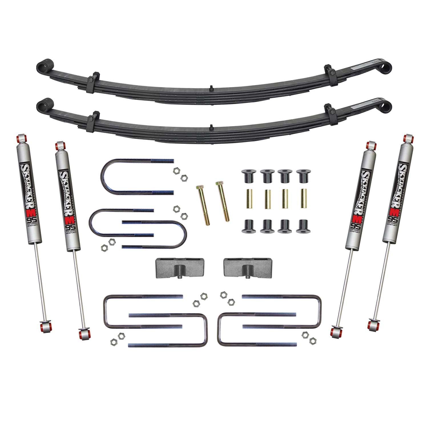 Suspension Lift Kit w/Shock M95 Performance Shocks 1.5-2 Inch Lift Incl. Front Leaf Springs Front/Rear U Bolt Kits Front Bushing Kit Rear Block Skyjacker