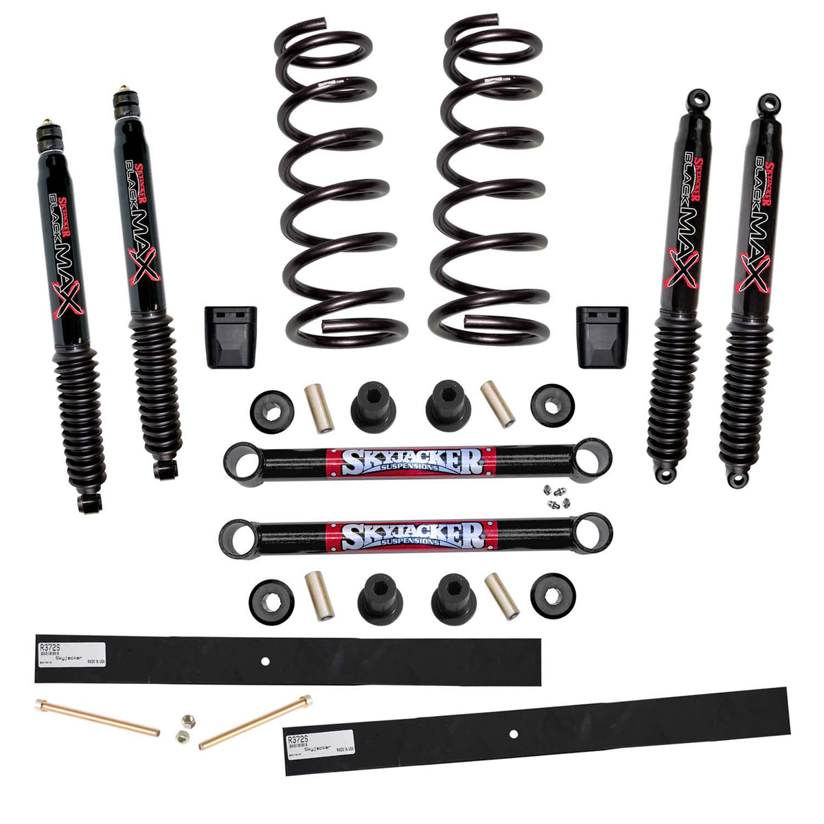 Suspension Lift Kit w/Shock Black MAX Shocks 2-2.5 Inch Lift Incl. Front Coil Springs Rear Add-A-Leafs Lower Link Bump Stops Skyjacker