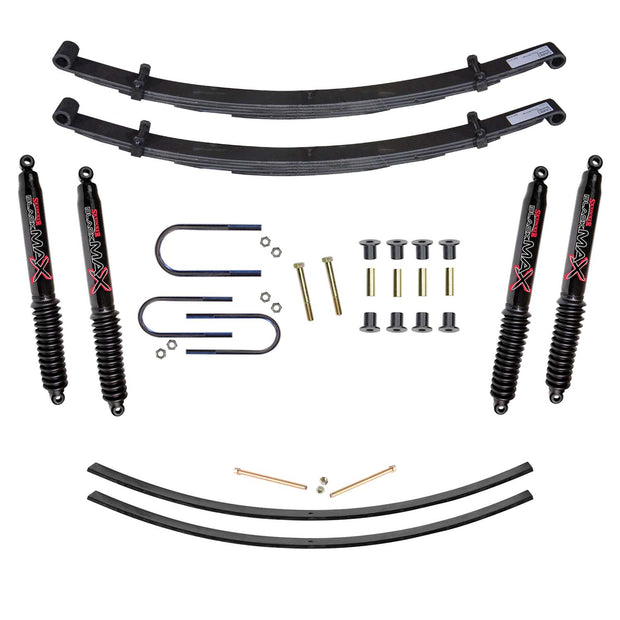 Suspension Lift Kit w/Shock Black MAX Shocks 4 Inch Lift Incl. Front Leaf Springs Front U Bolt Kit Front Bushing Kit Rear Add-A-Leafs Skyjacker