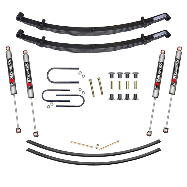 Suspension Lift Kit w/Shock M95 Performance Shocks 4 Inch Lift Incl. Front Leaf Springs Front U Bolt Kit Front Bushing Kit Rear Add-A-Leafs Skyjacker