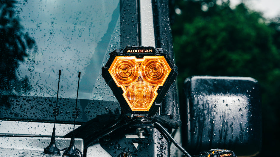 5 Inch Triangle White Combo LED Pod Lights TIR Lens Side Shooter with Amber Dynamic DRL Ring with Wiring Harness 2 Lead