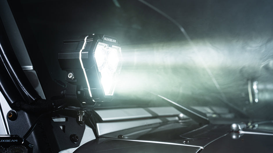 5 Inch Triangle White Combo LED Pod Lights TIR Lens Side Shooter with Amber Dynamic DRL Ring with Wiring Harness 2 Lead