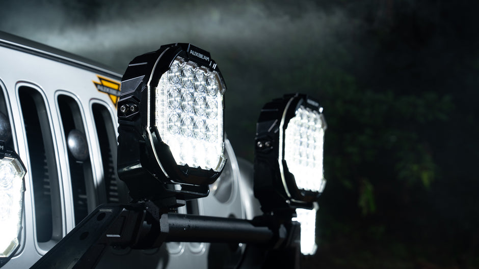 9 Inch Round White Combo with Double Side Anti-Glare LED Pod Lights TIR Lens Side Shooter with Amber Dynamic DRL Ring with Wiring Harness 2 Lead