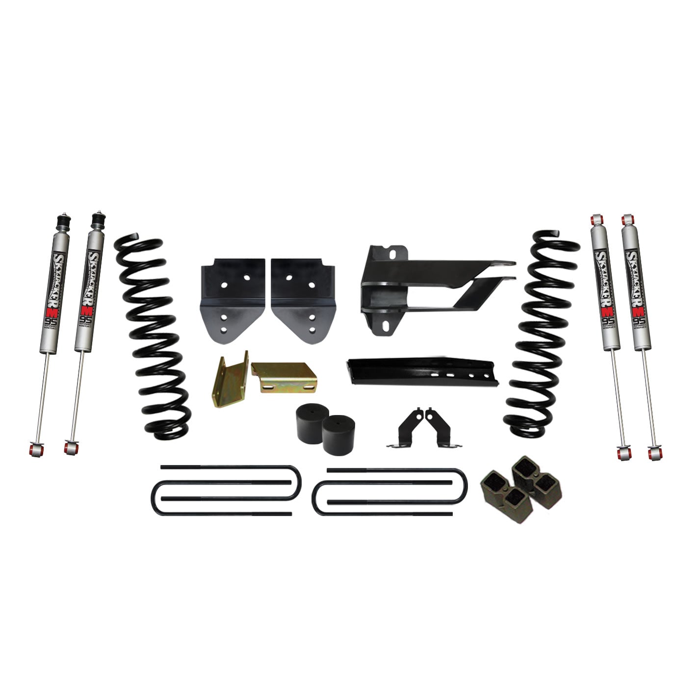 Lift Kit 4 Inch Lift 17-19 Ford F-250 Super Duty Includes Front Coil Springs Bump Stop Spacers Relocation Brackets Rear Lift Blocks U-Bolts M9500 Monotube Shocks Skyjacker