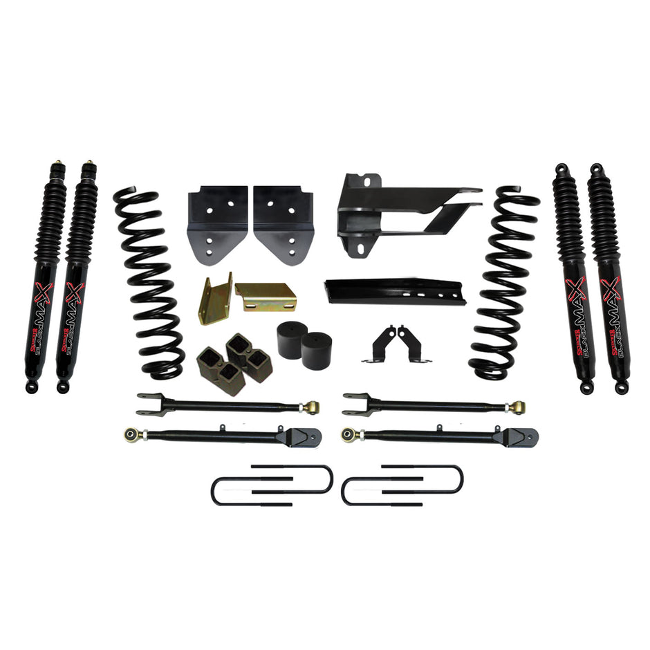 Lift Kit 4 Inch Lift w/Adjustable 4-Links 17-19 Ford F-250 Super Duty Includes Front Coil Springs U-Bolts Bump Stop Spacers Radius Arms Lowering Brackets Black Max Nitro 8500 Shocks Skyjacker