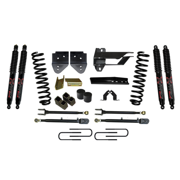 Lift Kit 4 Inch Lift w/Adjustable 4-Links 17-19 Ford F-250 Super Duty Includes Front Coil Springs U-Bolts Bump Stop Spacers Radius Arms Lowering Brackets Black Max Nitro 8500 Shocks Skyjacker
