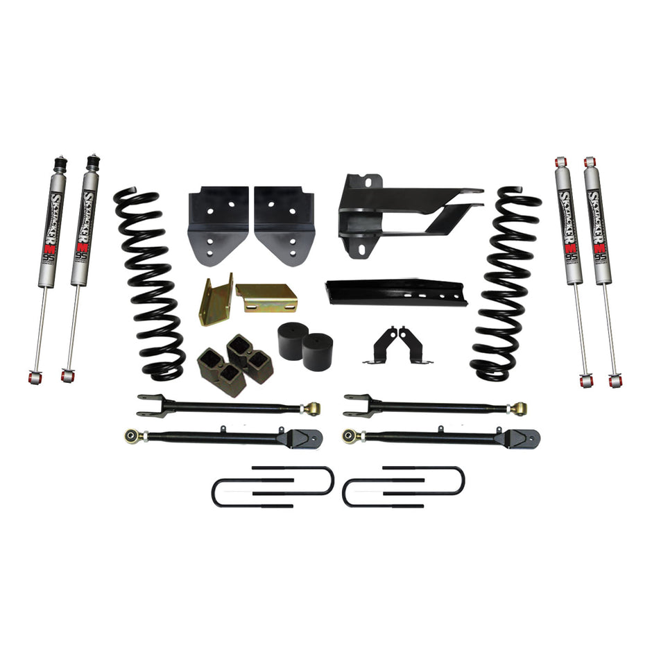 Lift Kit 4 Inch Lift w/Adjustable 4-Links 17-19 Ford F-250 Super Duty Includes Front Coil Springs Blocks U-Bolts Bump Stop Spacers Upper/Lower Radius Arms M9500 Monotube Shock Skyjacker
