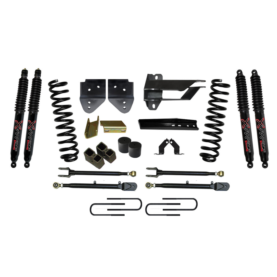 Lift Kit 4 Inch Lift w/Adjustable 4-Links 17-19 Ford F-350 Super Duty Includes Front Coil Springs U-Bolts Bump Stop Spacers Radius Arms Lowering Brackets Black Max 8500 Shocks Skyjacker